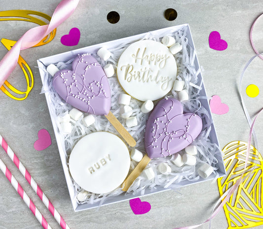 Lilac Heart Birthday Cakesicle and Biscuit Treat Box
