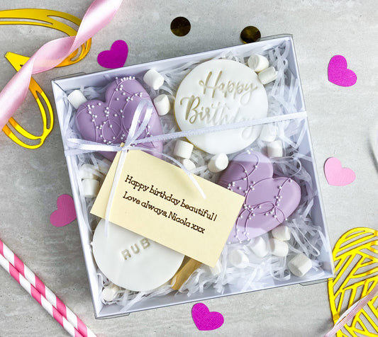 Lilac Heart Birthday Cakesicle and Biscuit Treat Box