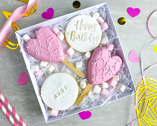 Pink Heart Birthday Cakesicle and Biscuit Treat Box