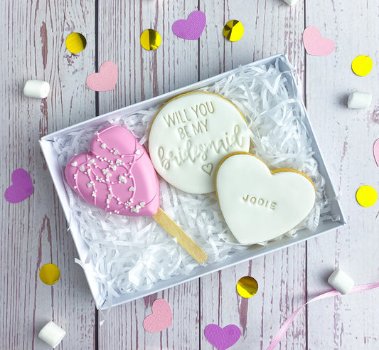 Heart Bridesmaid Proposal Cakesicle and  Biscuit Treat Box