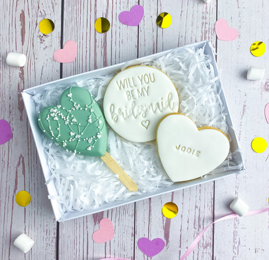 Heart Bridesmaid Proposal Cakesicle and  Biscuit Treat Box
